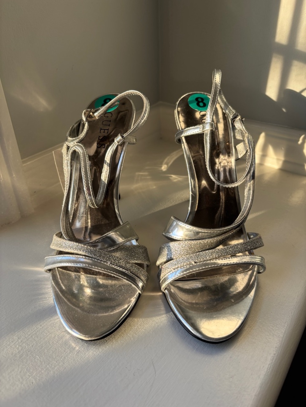 GUESS Silver Metallic Strappy High Heel Sandals with Ankle Strap